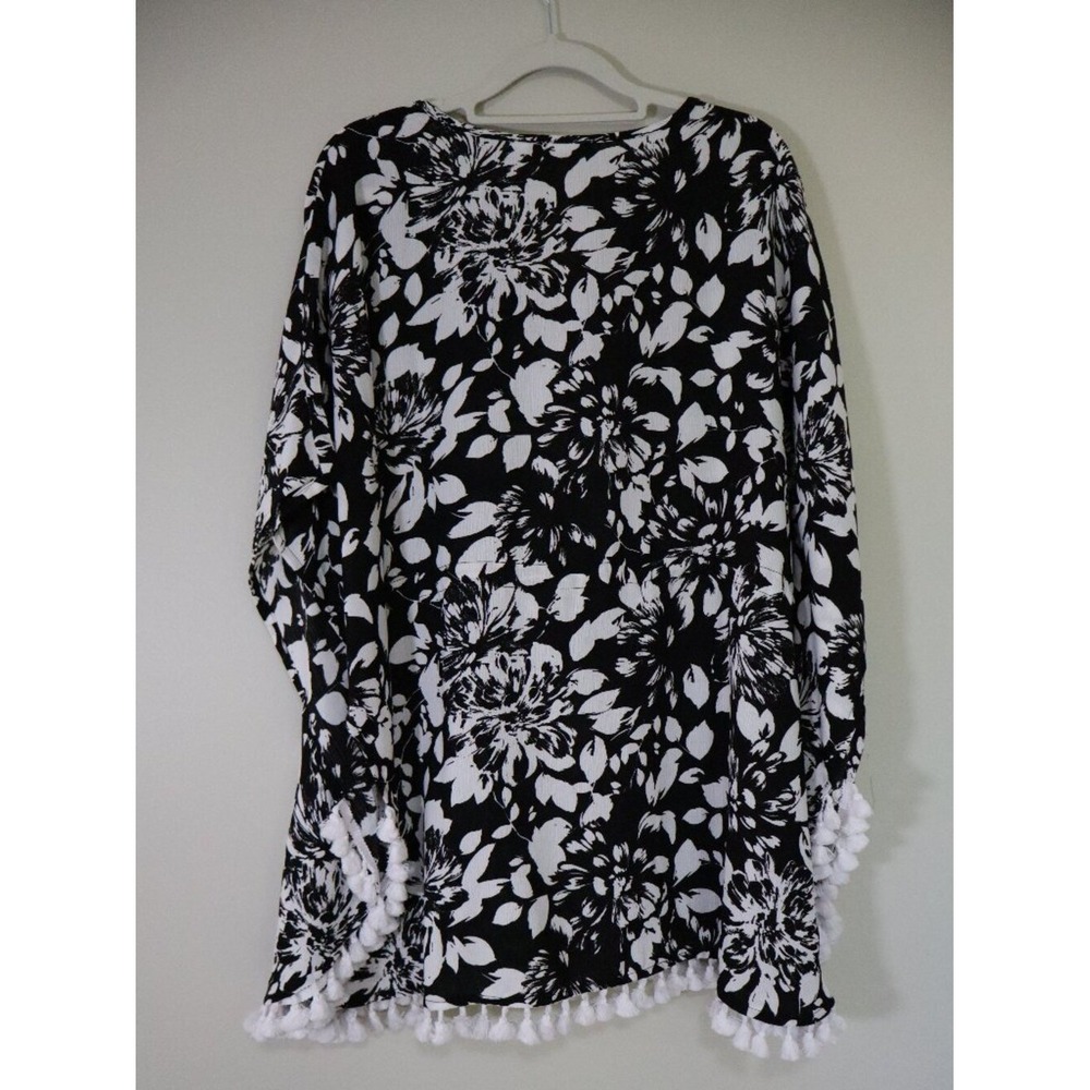 Boho Floral Beachwear Susan Graver Swim Cover Up M Black White Tassel Trim - Picture 7 of 7